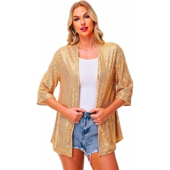 Women's Sequin Cardigan Casual 3/4 Sleeve Gold - Picture 1 of 5